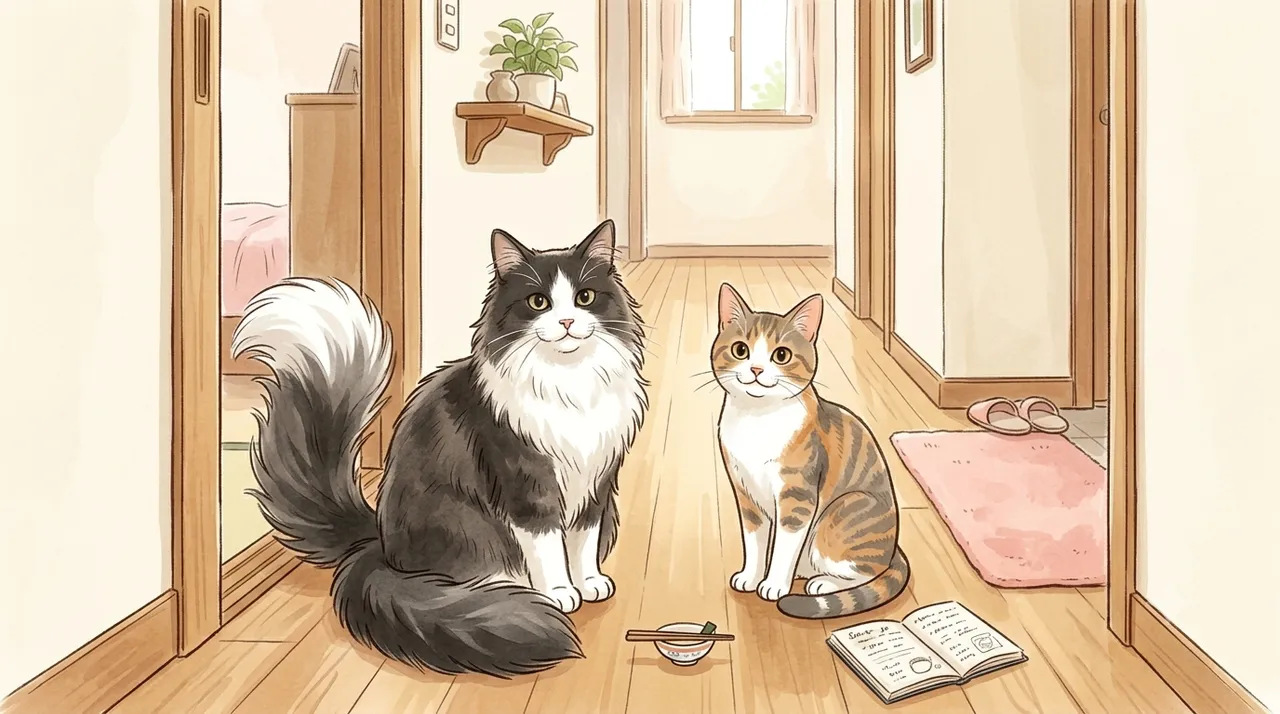 並んで迎える2匹の猫のイラスト